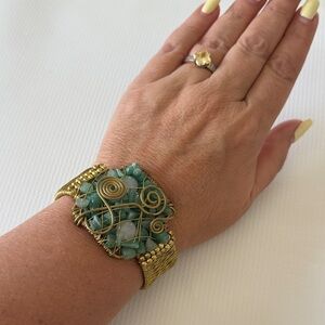 Gold and Green Wire Wrapped Bracelet